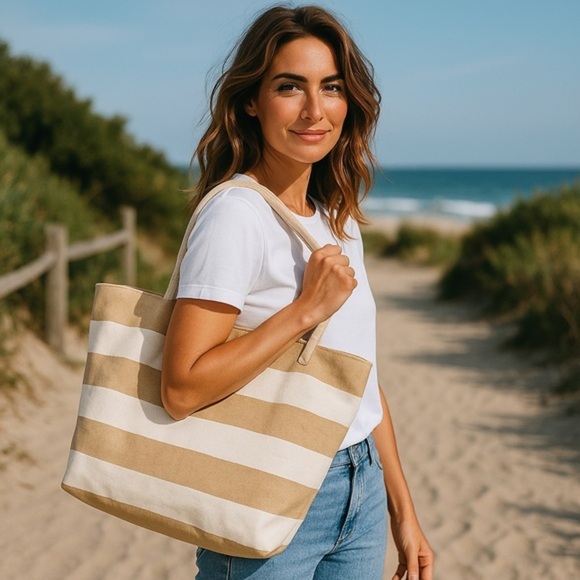 None Handbags - NWOT Striped Tan and White Tote Bag